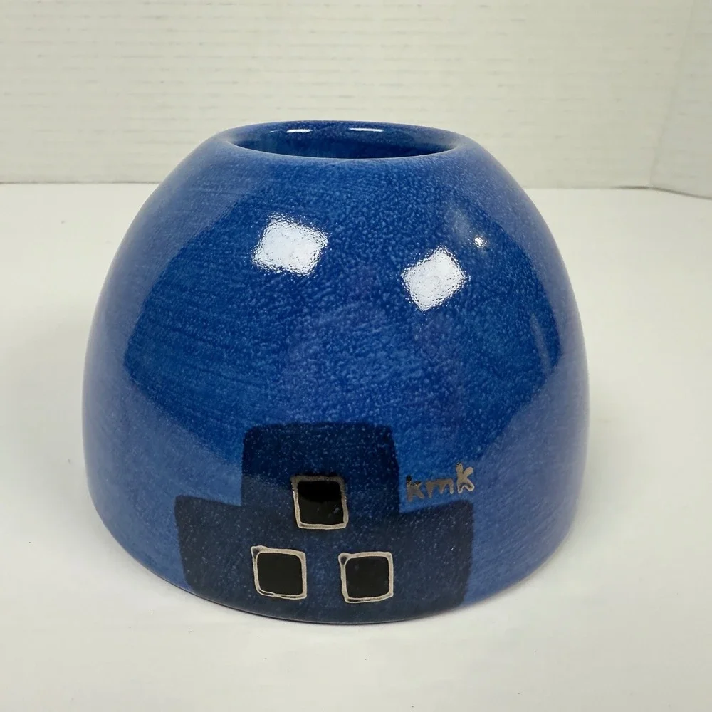KMK Keramik Candle Holder Blue West German Pottery geometric signed mid-century